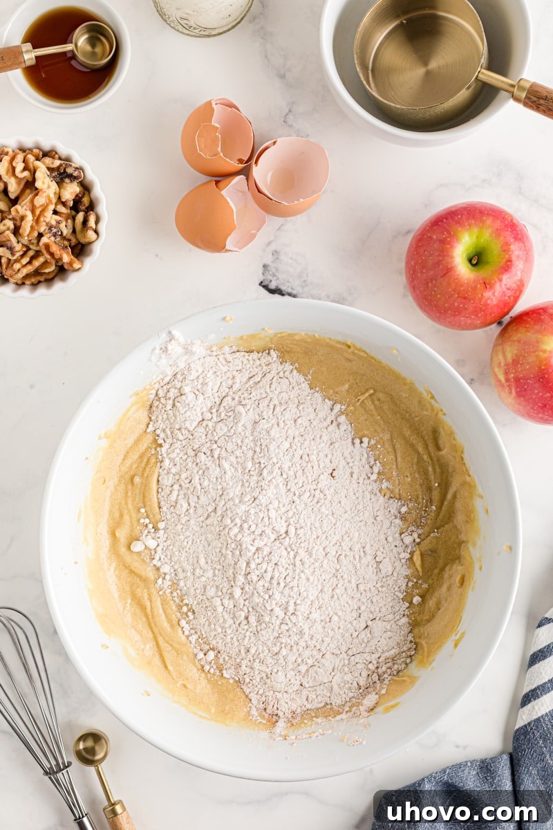 Overhead view of the first portion of dry ingredients added to the wet mixture for apple spice cake