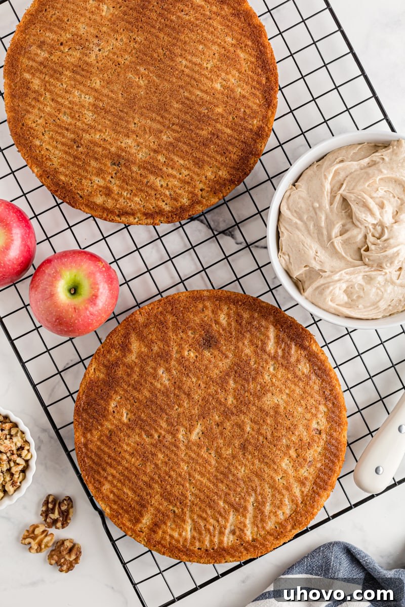 Overhead view of freshly baked apple spice cake layers cooling on a wire rack after being removed from the pans