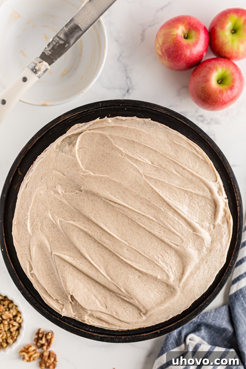 Overhead view of a beautifully frosted two-layer apple spice cake, ready to be served
