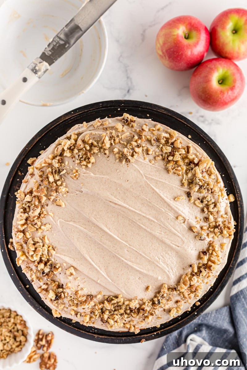 Overhead view of a complete apple spice cake with cinnamon cream cheese frosting, presented on a black cake stand