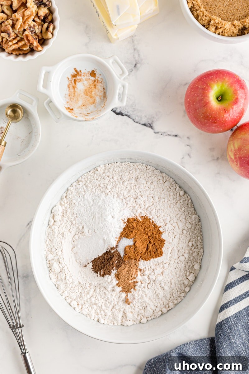 Overhead view of dry ingredients for apple spice cake in a white mixing bowl before mixing