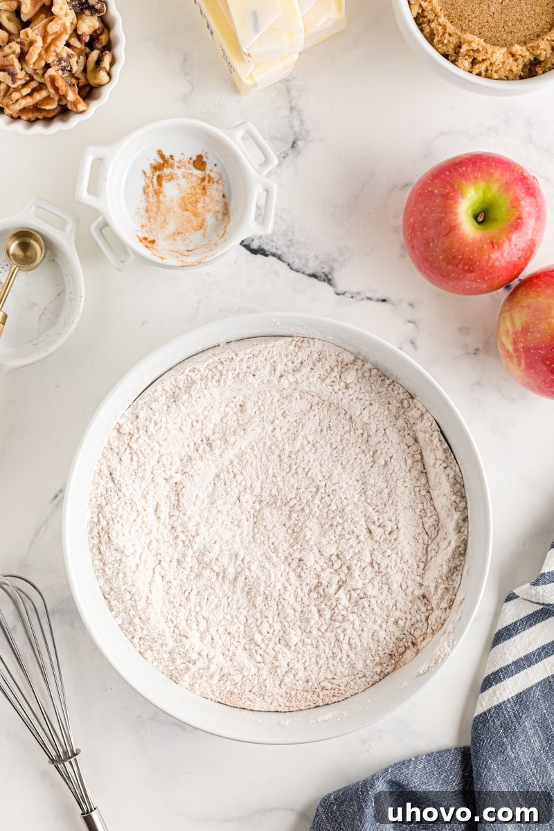 Overhead view of mixed dry ingredients for apple spice cake in a white mixing bowl, perfectly combined