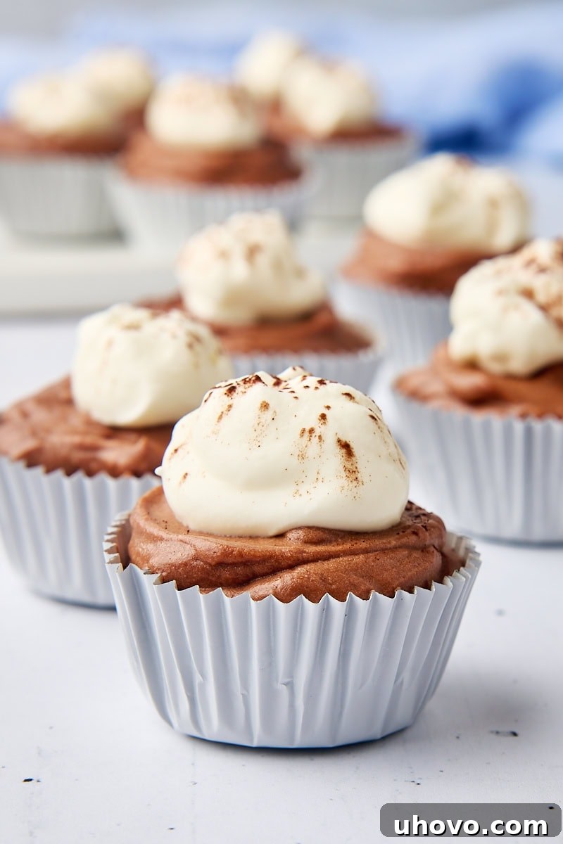 A close-up view accentuates the rich, smooth texture of a mini no-bake chocolate cheesecake, with other cheesecakes softly blurred in the background, showcasing its delightful appearance.