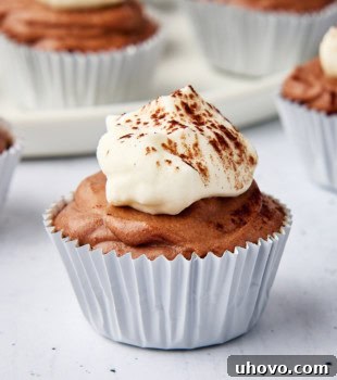 A mini no-bake chocolate cheesecake on a white surface with more cheesecakes in the background, showcasing its beautiful presentation.