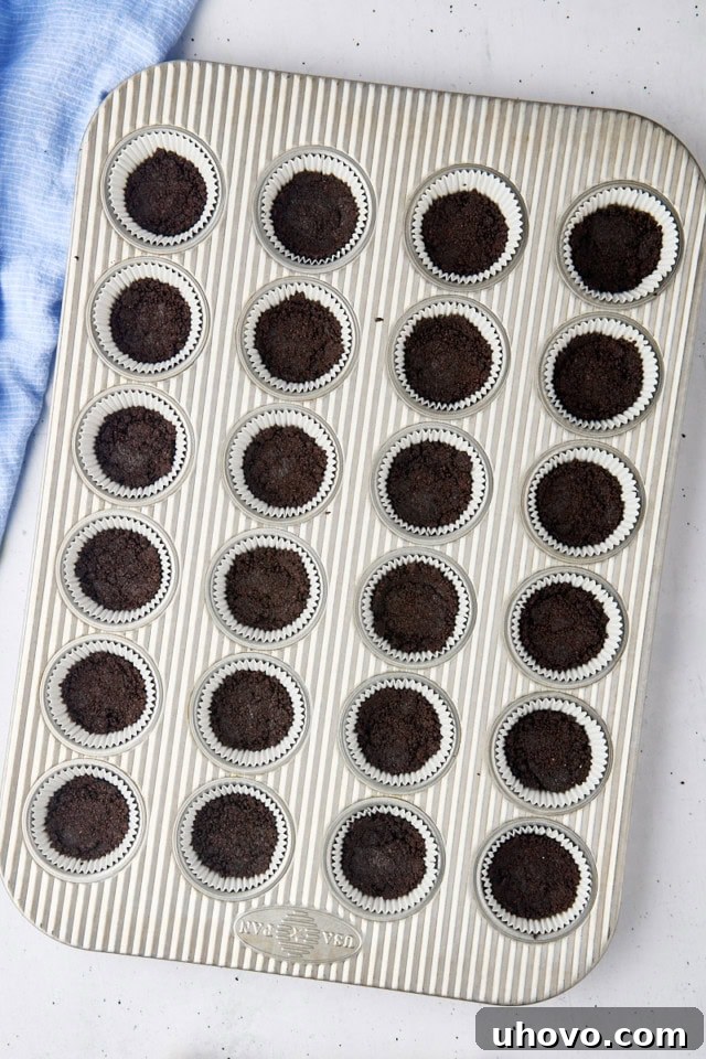 Close-up overhead shot of the rich Oreo cookie crust expertly pressed into the bottoms of mini muffin pan liners, ready for the next step.