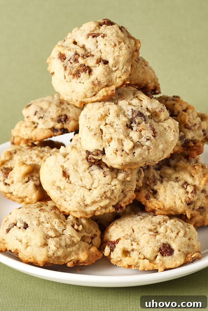 A beautiful pile of freshly baked Pecan Date Cookies on a pristine white plate, showcasing their inviting texture and golden-brown hue.