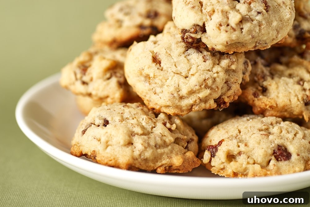 A small stack of delicious Pecan Date Cookies elegantly presented on a white plate, ready to be enjoyed.