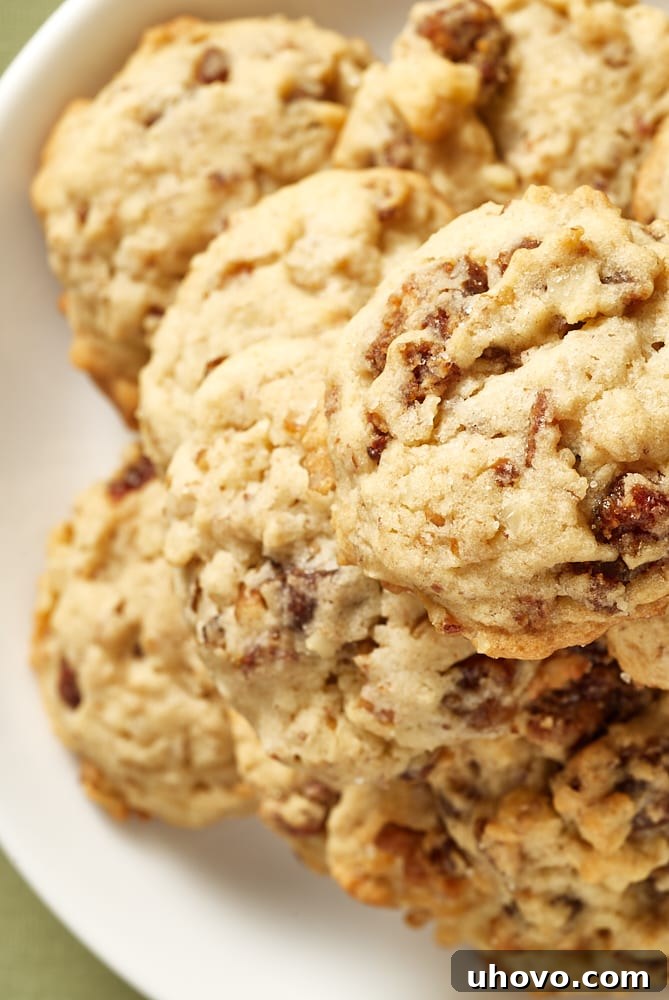 An inviting overhead view of freshly baked Pecan Date Cookies, artfully arranged on a white plate, highlighting their rustic charm and delectable appearance.