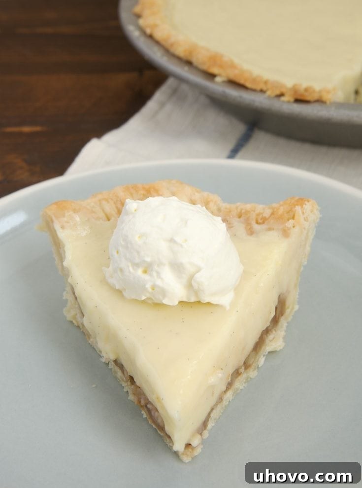 A stunning slice of Praline Cream Pie, showcasing the crunchy pecan praline layer beneath the smooth vanilla pudding, garnished with whipped cream.