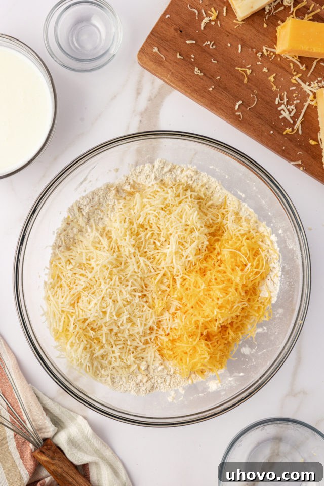 overhead view of grated sharp Cheddar, Monterey Jack, and Parmesan cheeses being stirred into the biscuit dough mixture