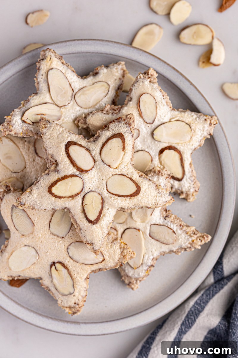 Overhead view of elegantly arranged Zimtsterne on a festive plate, showcasing their star shape and snowy white icing