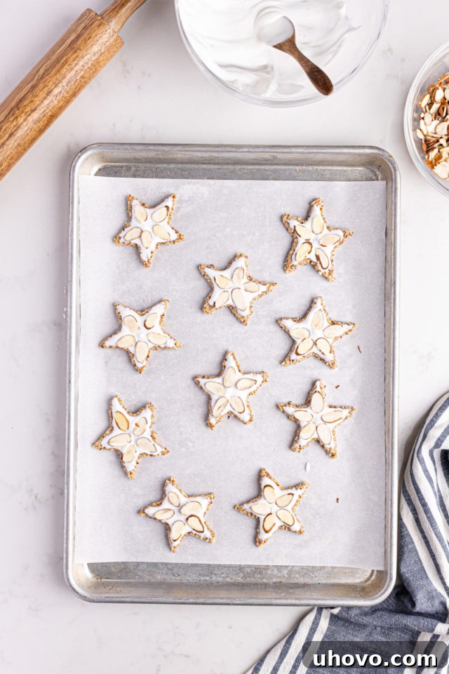 Overhead view of unbaked Zimtsterne, decorated with sliced almonds on the meringue