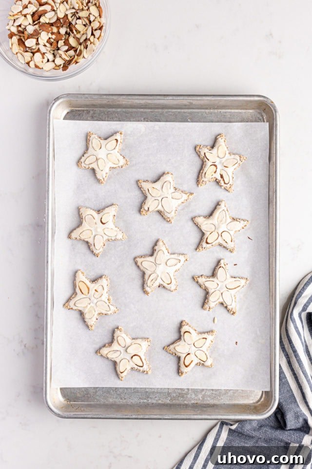 Overhead view of baked Zimtsterne cooling on a baking sheet