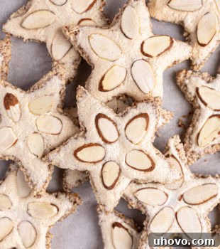 Overhead view of Zimtsterne on baking sheet, ready to be enjoyed