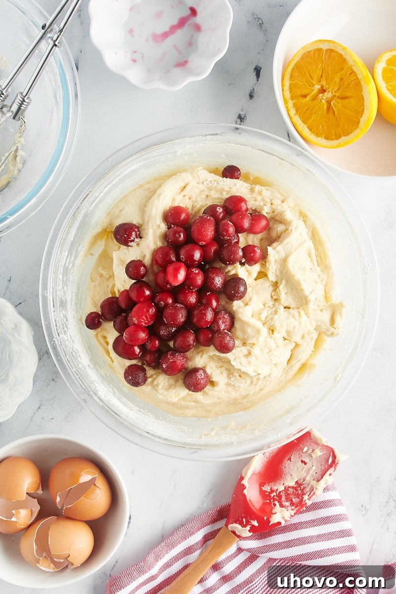 Fresh cranberries being added to the prepared cake batter in a large mixing bowl.