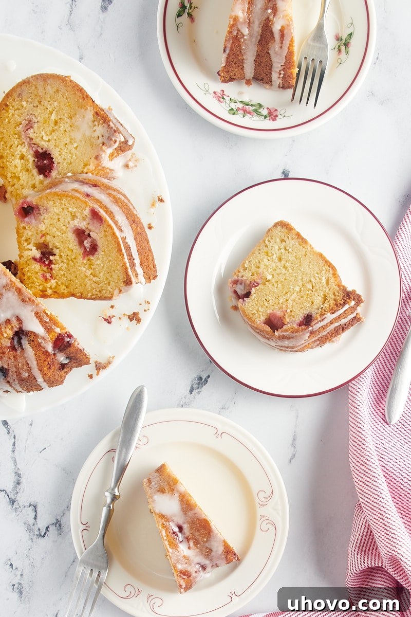 Multiple plates, each holding a perfect slice of the Cranberry Bundt Cake, ready to be served to guests.