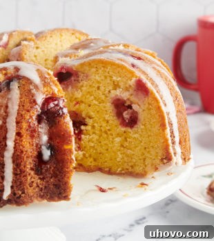 Cranberry Bundt cake with a slice missing, showing the moist interior and vibrant berries.