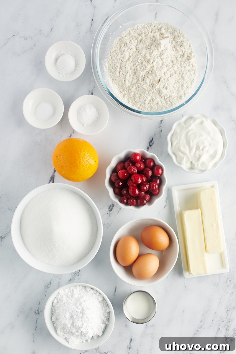 All the fresh and pantry staple ingredients laid out for making the Cranberry Bundt Cake, including flour, butter, sugar, eggs, cranberries, and oranges.