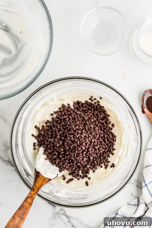 A generous scattering of chocolate chips sitting atop the creamy cheesecake batter, awaiting gentle incorporation.