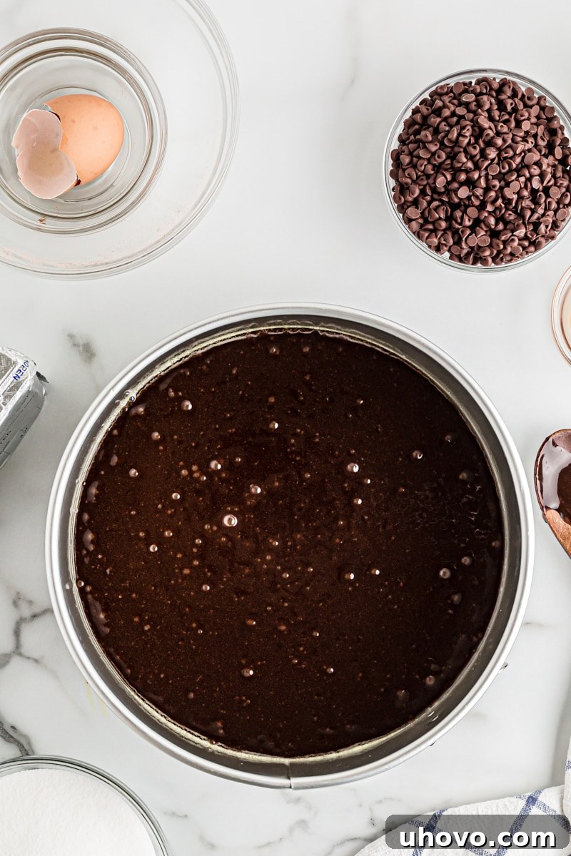 Evenly spread brownie batter filling the bottom of a springform pan, ready for its transformation into a delicious crust.