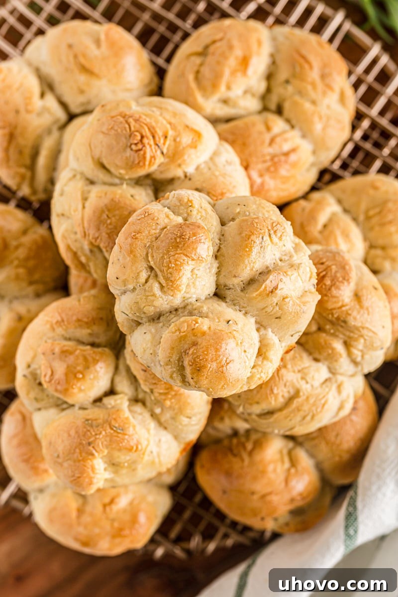 A pile of golden-brown Herb Cloverleaf Rolls seen from above, garnished with fresh herbs.