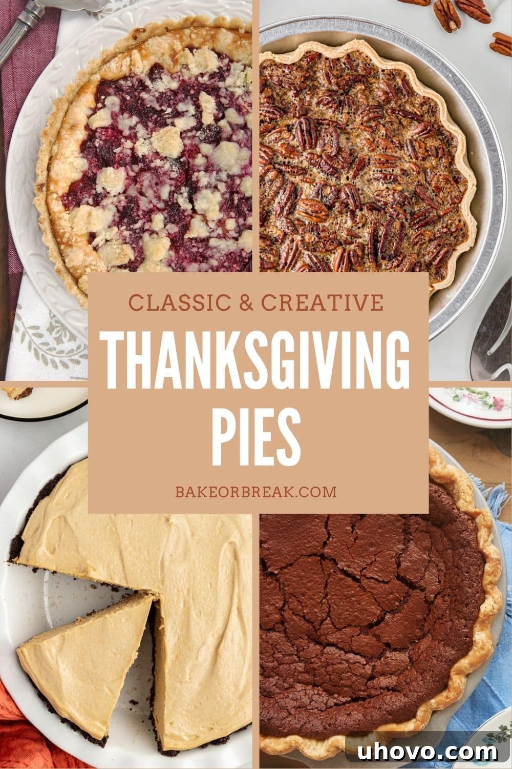 A mouth-watering collage featuring four delicious Thanksgiving pies: a vibrant cranberry cheesecake pie, a classic golden pecan pie, a creamy peanut butter pie, and a rich chocolate chess pie. Text overlay reads: "Classic & Creative Thanksgiving Pies bakeorbreak.com"
