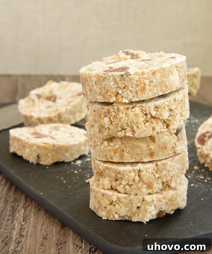 stack of Chocolate Chip Pecan No-Bake Cookies, showcasing their delightful texture