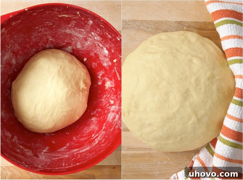 Dough for Brown Butter Cinnamon Pecan Pull Apart Bread before and after resting