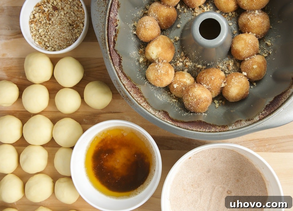 Process of assembling Brown Butter Cinnamon Pecan Pull Apart Bread