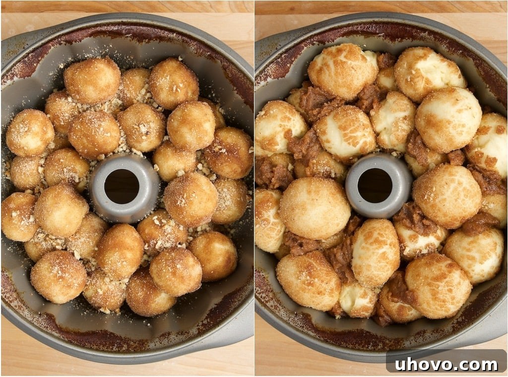 Overhead view of Brown Butter Cinnamon Pecan Pull Apart Bread in pan before and after rising