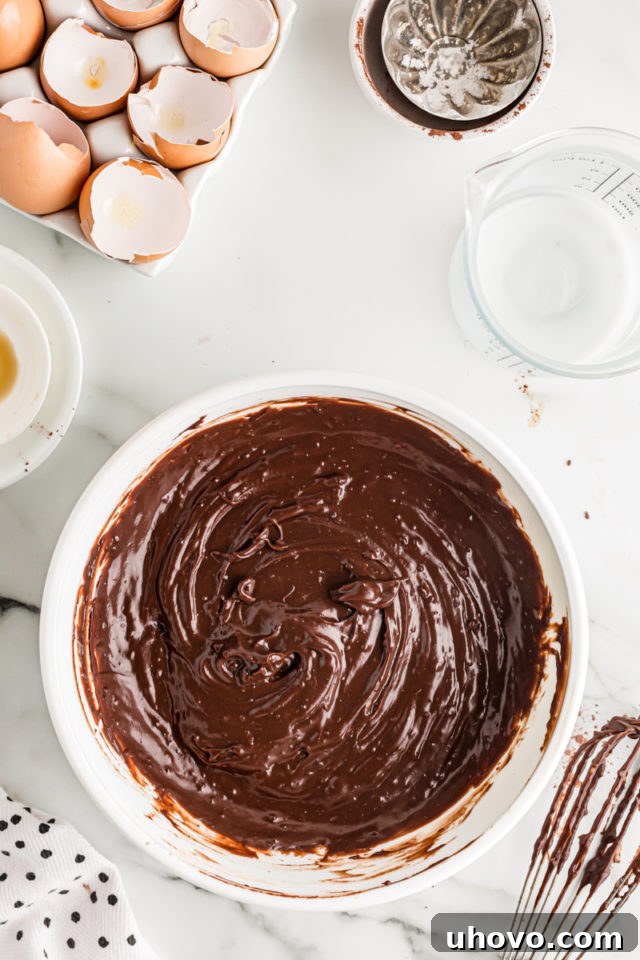 Overhead view of chocolate pudding in bowl