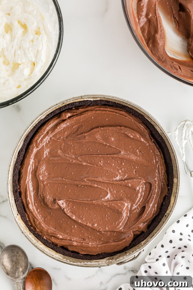 Overhead view of Mississippi Mud Pie pudding layer