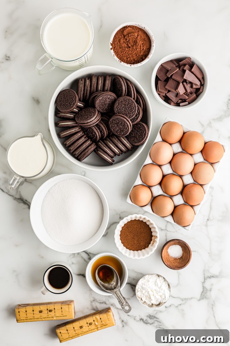 Overhead view of Mississippi Mud Pie ingredients
