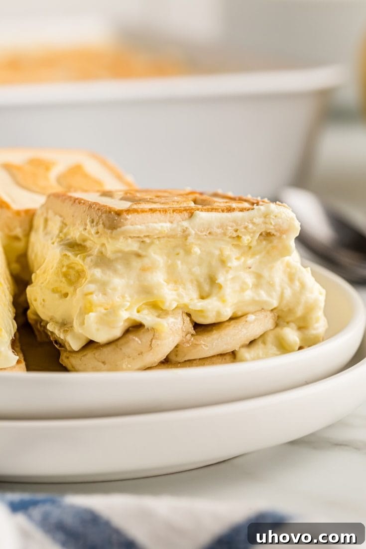 Classic Banana Pudding with vanilla wafers and whipped cream.