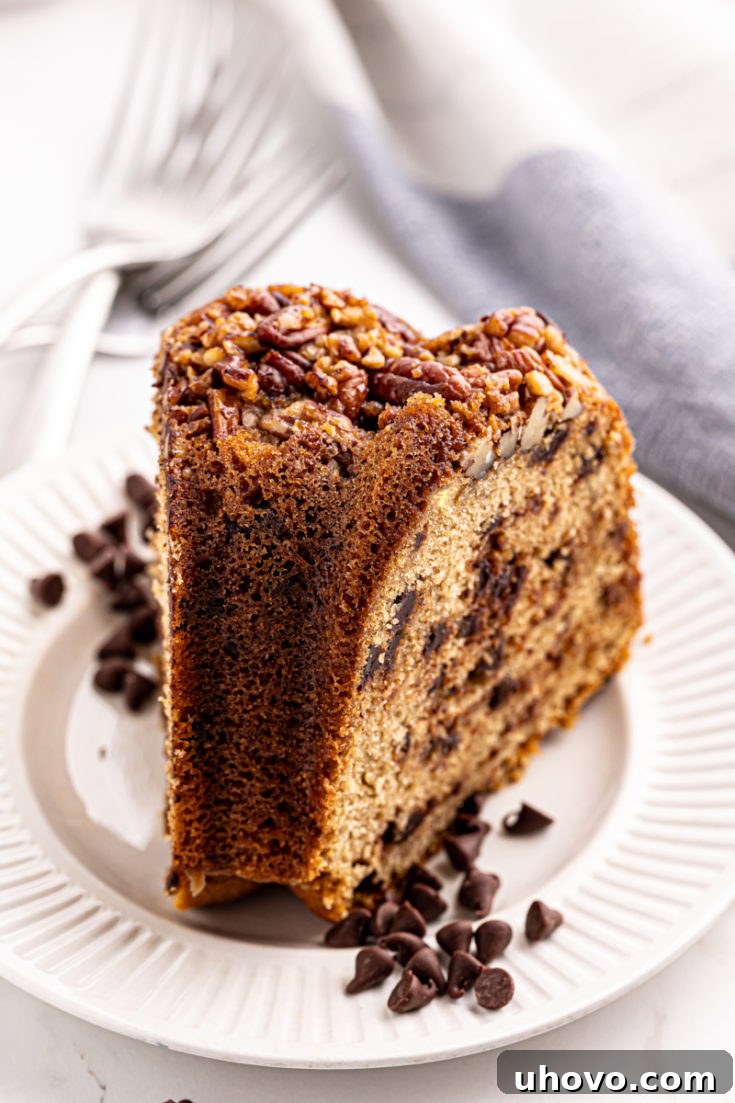 Chocolate Chip Bundt Cake dusted with powdered sugar.