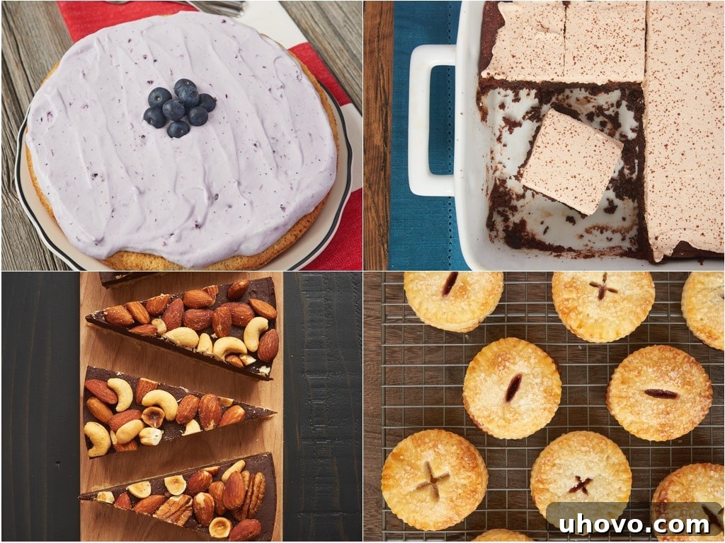 Quick-Shop-&-Prep 5 Ingredient Baking by Jennifer McHenry, showcasing a delectable Vanilla Bean Cake with Blueberry Whipped Cream, a rich Coffee Caramel Chocolate Poke Cake, charming Jam Hand Pies, and a tempting Fudgy Nut Tart