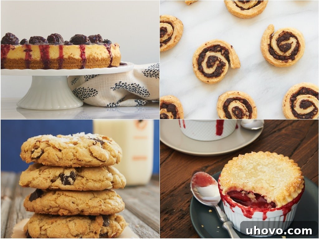 Quick-Shop-&-Prep 5 Ingredient Baking by Jennifer McHenry, featuring a rich Black and Blue Cheesecake, intricate Chocolate Pecan Pinwheels, comforting Strawberry Pot Pies, and indulgent Caramel Almond Chocolate Chunk Cookies