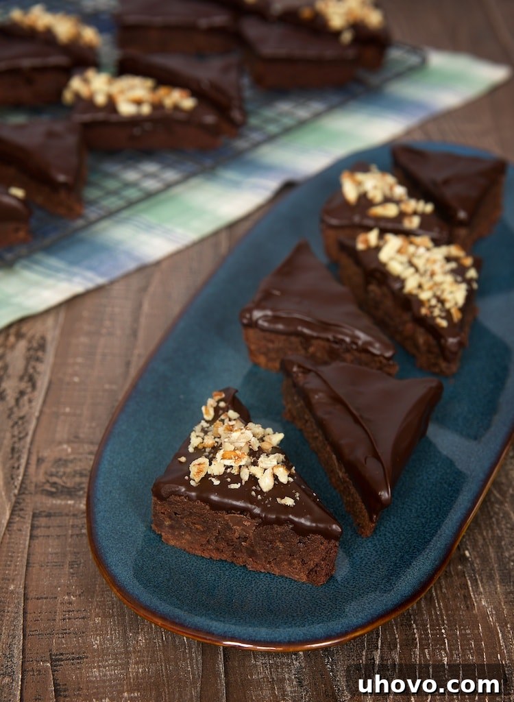 Chocolate Ganache Brownies on a long blue tray
