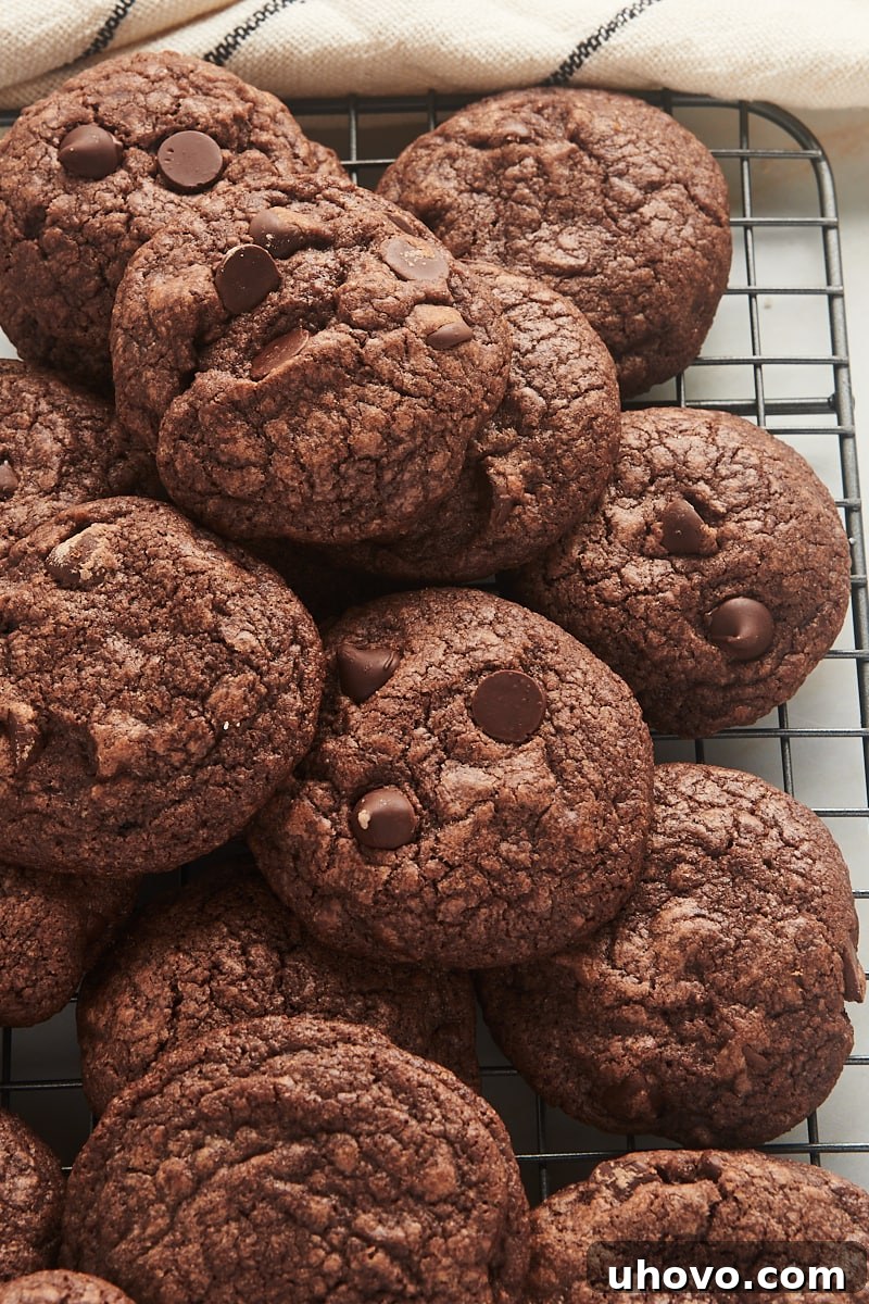 Chocolate chocolate chip cookies piled onto wire rack