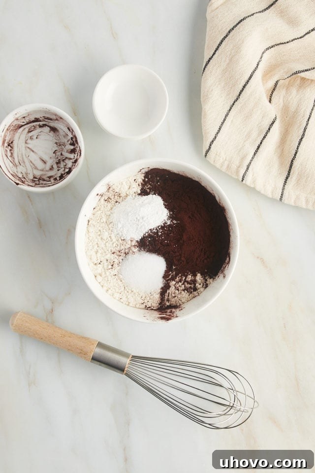 Overhead view of dry ingredients for chocolate chocolate chip cookies in bowl before mixing