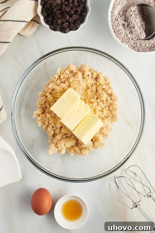 Butter and brown sugar in mixing bowl