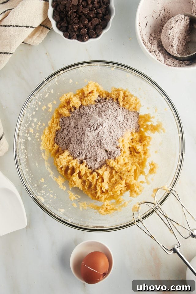 Dry ingredients added to bowl of wet ingredients for cookies