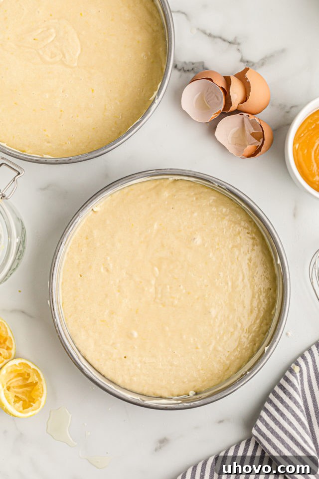 Overhead view of lemon cake batter evenly divided into two round baking pans, ready for the oven.
