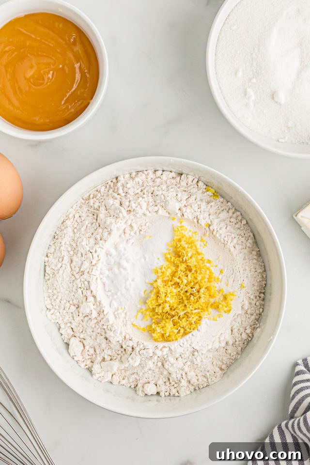 Overhead view of lemon zest mixed with dry ingredients (flour, baking powder, salt) in a mixing bowl, ready for combining.