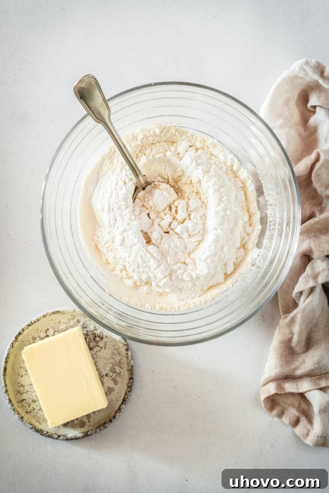 Overhead view of dry crust ingredients (flour and confectioners' sugar) in a mixing bowl, ready to be combined with a spoon.