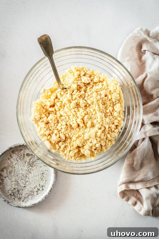 Overhead view of the crust mixture, now coarse and meal-like after incorporating cold butter, in a glass bowl with a pastry blender.