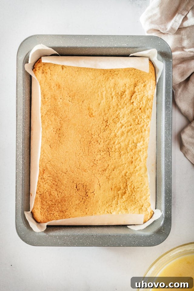 Overhead view of the freshly baked, golden-brown shortbread crust resting in the pan, ready for the lemon filling.