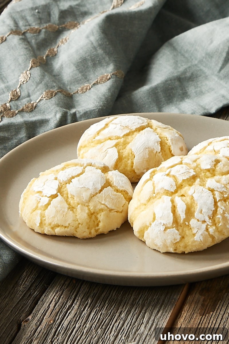 A close-up view of four Key Lime Crinkle Cookies artfully arranged on a plate, featuring their characteristic cracked tops and snowy powdered sugar coating, with a delicate napkin in the background.