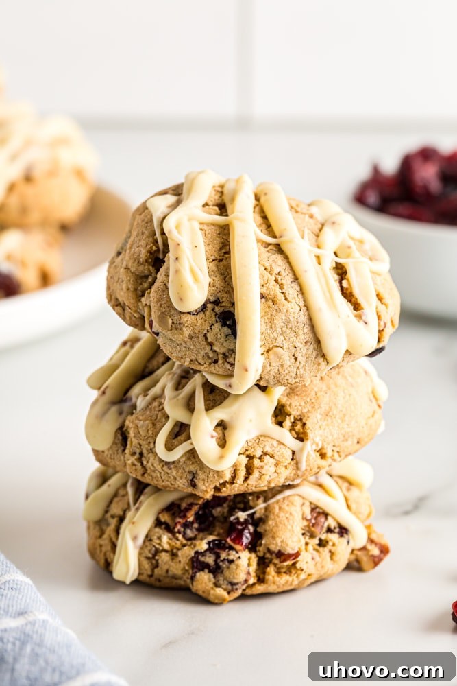 A stack of golden-brown oatmeal cranberry cookies, beautifully drizzled with white chocolate, rests invitingly on a polished marble surface, highlighting their rich texture and festive appeal.