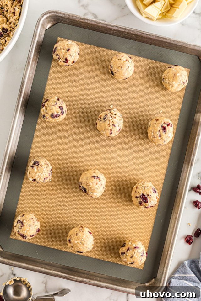 An overhead view of portioned oatmeal cranberry cookie dough balls neatly arranged and evenly spaced on a silicone-lined baking pan, prepared for baking and proper expansion.